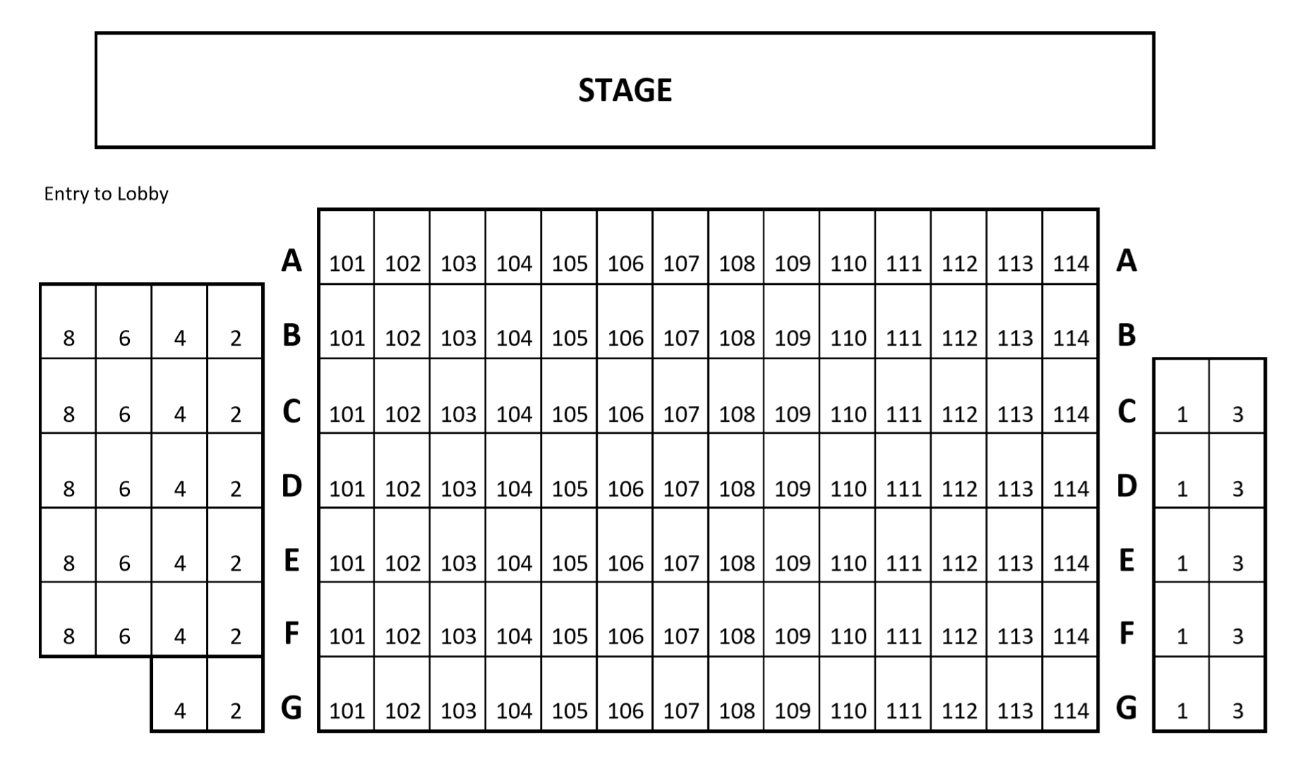 7 rows of 14 seats across, 10 seats on house right (2 X 2) 24 seats house left (4 x 4)