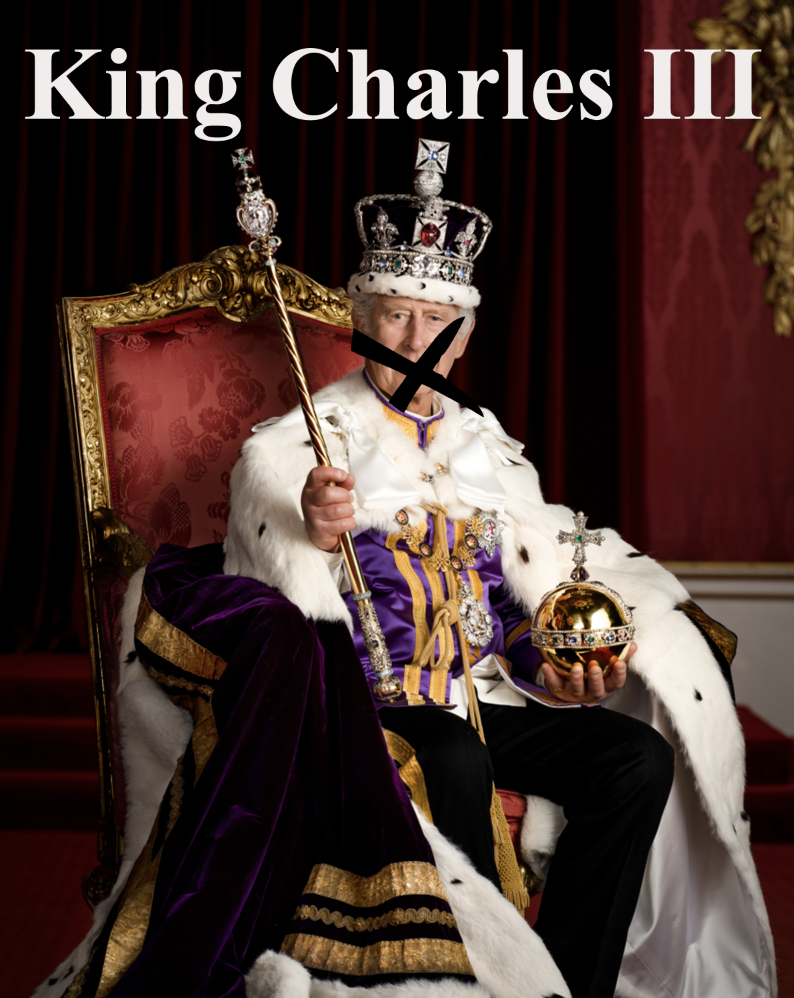 King Charles on a throne with a gag over his mouth