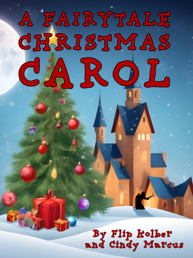 a fairytale christmas carol title with snowy Christmas woods scene