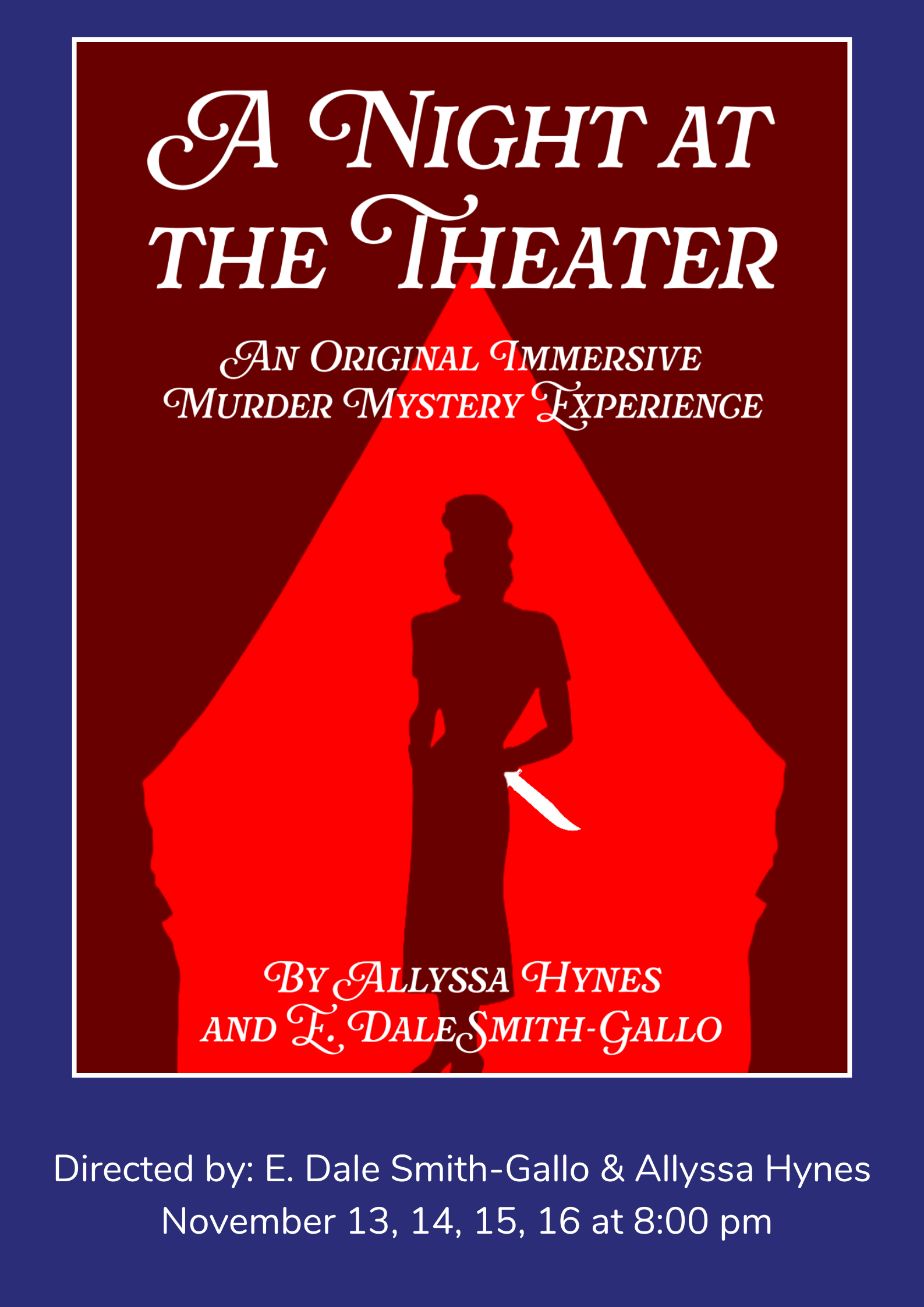 Show poster featuring a woman holding a knife behind her back on stage
