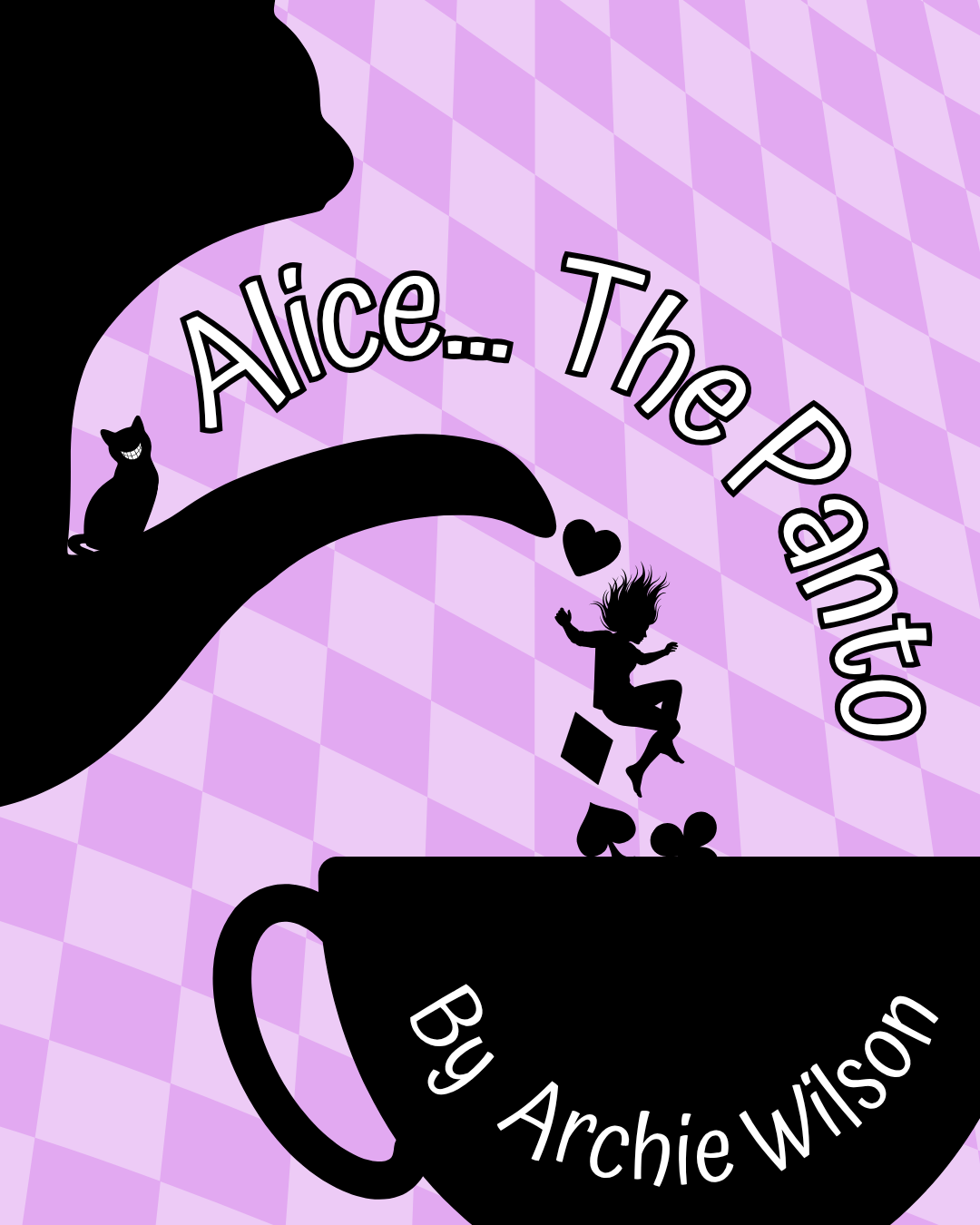 Alice the Panto poster featuring a tea cup, cheshire cat and team pot